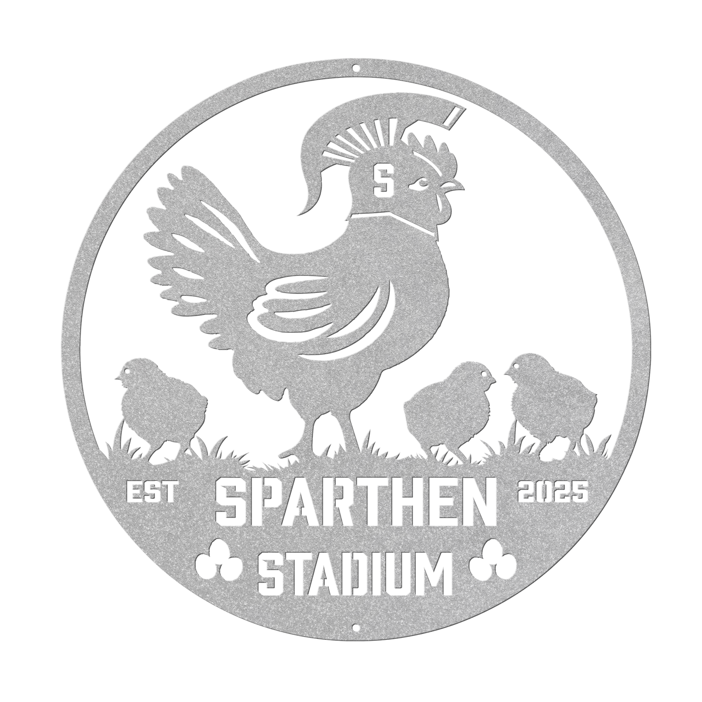 SpartHen_Stadium_Chicken_Coop_Metal_Sign_Silver_Transparent_Mockup.png