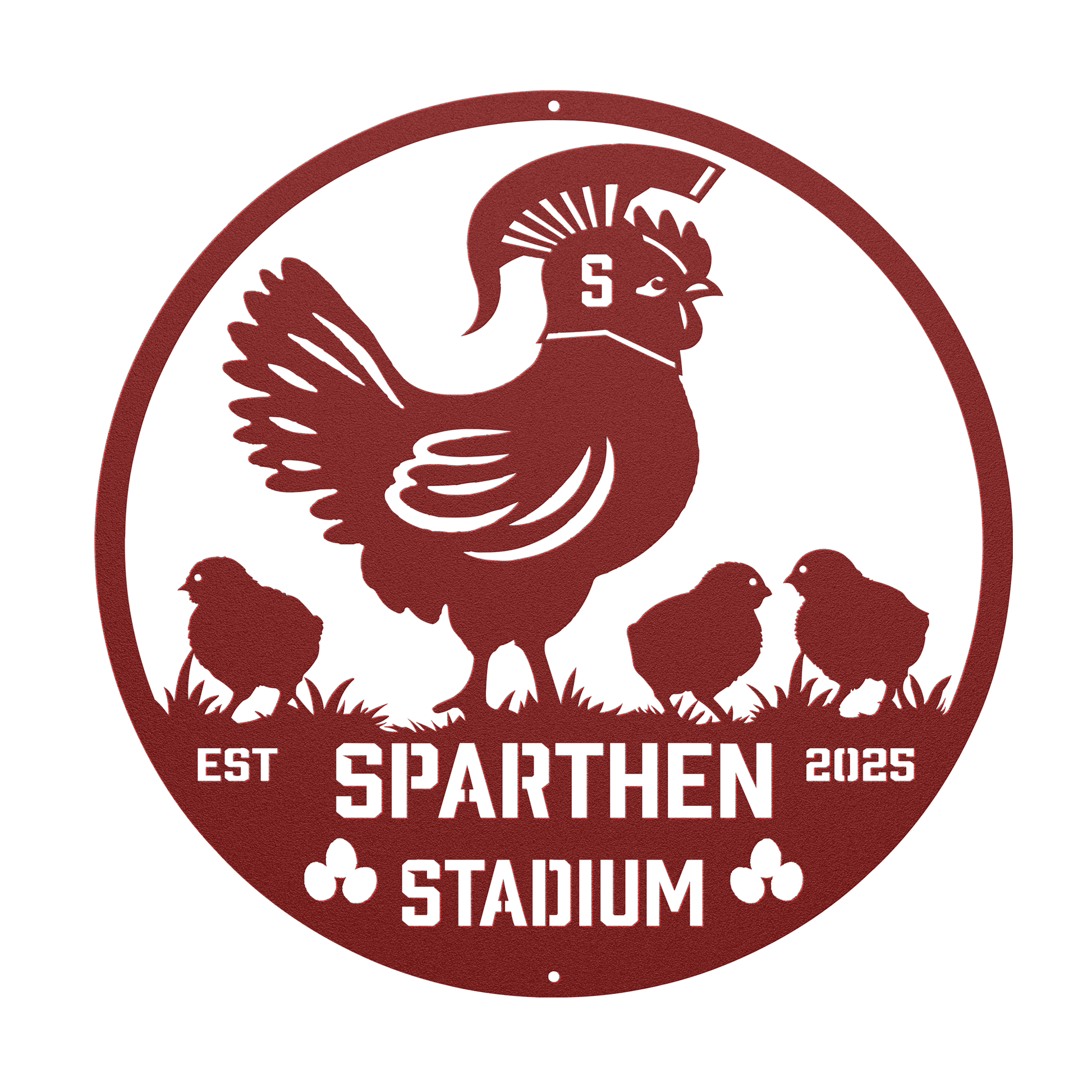 SpartHen_Stadium_Chicken_Coop_Metal_Sign_Red_Transparent_Mockup.png