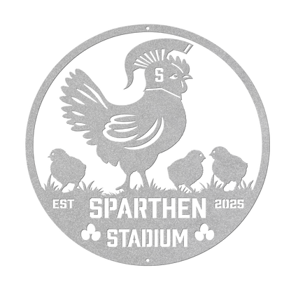 SpartHen_Stadium_Chicken_Coop_Metal_Sign_Silver_Transparent_Mockup.png