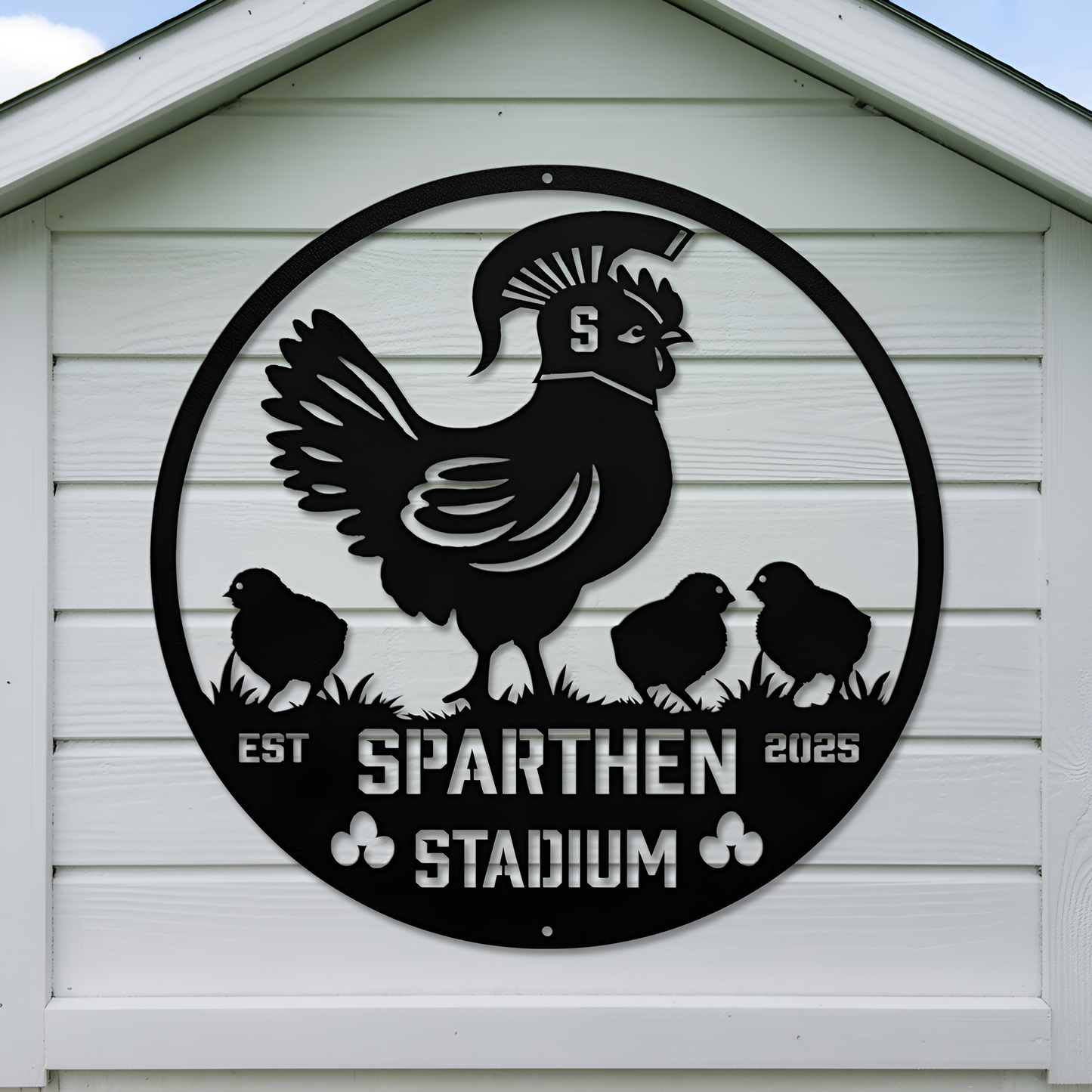 Spart-Hen Stadium Chicken Coop Metal Sign