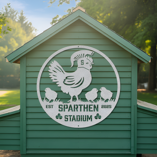 Spart-Hen Stadium Chicken Coop Metal Sign
